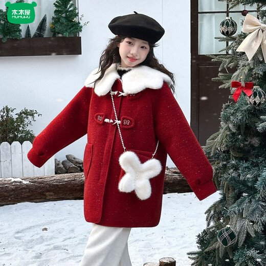 Wooden house girls autumn and winter woolen coats children's velvet thickened coats middle and older children's New Year's clothing festive woolen coat trend red coat 130