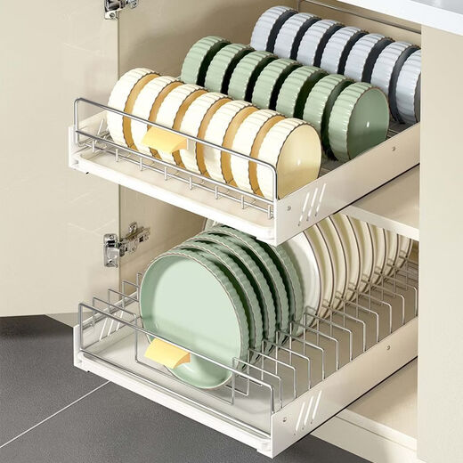 Fantasy kitchen storage rack multi-layer storage rack 304 stainless steel under sink retractable layered cabinet pull-out stainless steel + ins milk white guide rail pull-out bowl rack + dish rack