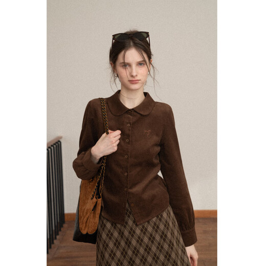 EGGKA bow embroidered corduroy long-sleeved shirt autumn and winter temperament short waist top E25A60797BK Purple M