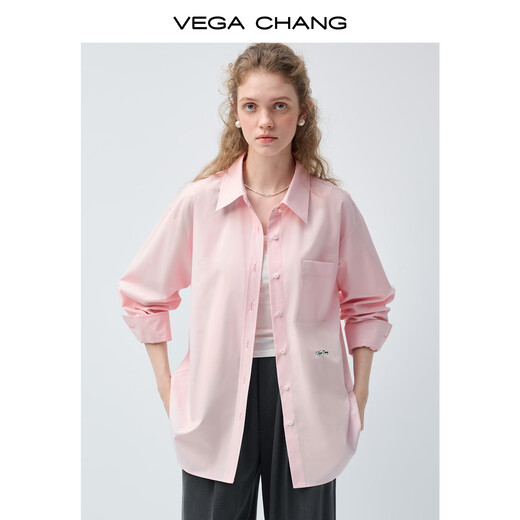 VEGA CHANG Pink Shirt Embroidery Contrast Color Embroidered Commuting Shirt Women 2026 New Spring Simple Shirt Rose Pink S