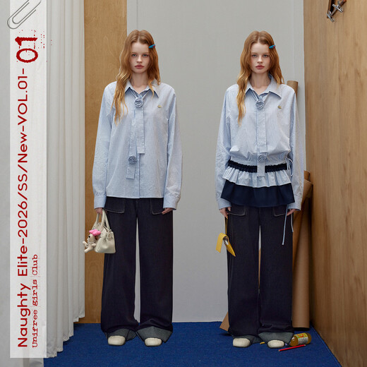 UNIFREE plus+ large size series 26 spring American retro rose flower decorated plaid shirt and tie blue S