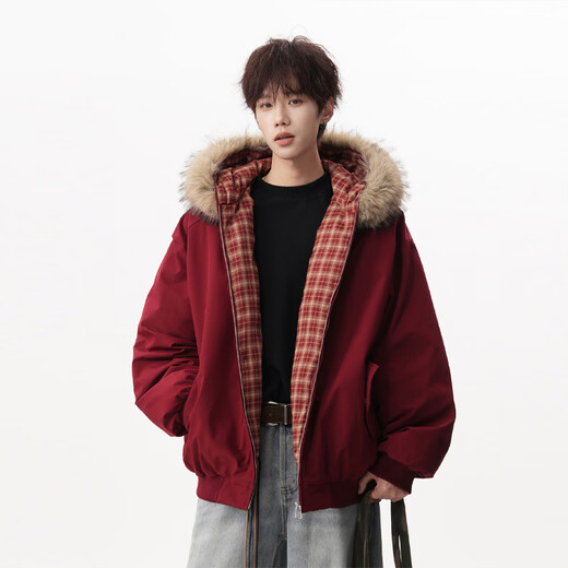 OEMG fur collar hooded plaid design cotton jacket for men winter college style thickened warm and cold-proof loose top jacket gray high quality XL recommended 110-130Jin Jin equals 0.5 kg