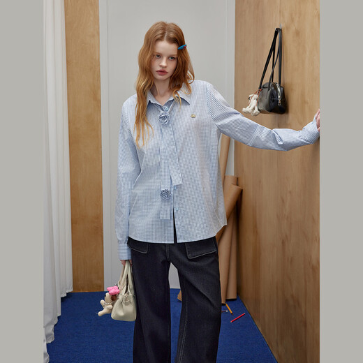 UNIFREE plus+ large size series 26 spring American retro rose flower decorated plaid shirt and tie blue S