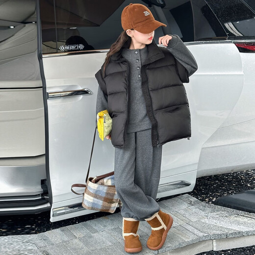 Wooden house girl's winter vest plus velvet and thickening for middle and large children 2026 new style autumn and winter style children's three-piece trendy black cotton vest thickened 140 recommended height 125-135 weight 50-60 Jin Jin is equal to 0.5 kg