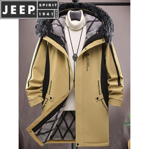 JEEP SPIRIT парка средней длины с меховым воротником для мужчин осенью и зимой плюс бархатная утолщенная куртка с капюшоном, хлопковая зимняя ветровка 6687, черный съемный меховой воротник M