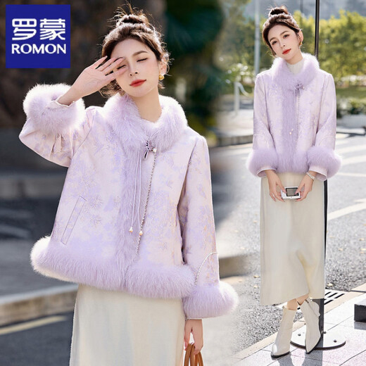 ROMON new Chinese style high-end light luxury fox fur splicing down jacket for women 2026 winter new style rich lady white duck down jacket beauty pink S