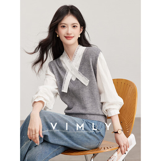 Fanximan gray college style fake two-piece sweater for women 26 spring new lace splicing design top 30597 gray one size
