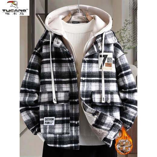 Woodpecker (TUCANO) autumn and winter vacation two-piece jackets for boys, junior high and high school students, velvet and thickened, teenagers and older men's jackets, cotton-padded jackets 8509 black plaid (single jacket), velvet and thickened M 80-100Jin Jin is equal to about 0.5 kg