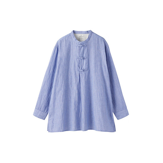 MUJI Women's Kapok Mixed Double-layer Yarn Disc Button Long Top Women's Shirt Women's Spring 26 BC2RNA6S Saxony Blue Stripe XL (165/92A)