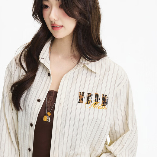 MEDM Leopard Print Leather Casual Lapel Shirt Trendy Brand Street Men's and Women's Loose Striped Cardigan Top Spring and Autumn Beige S