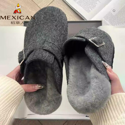 Scarecrow gray thick-soled shoes winter toe-cap furry slippers women's outer wear lazy half-slippers Boken shoes gray counter version 35