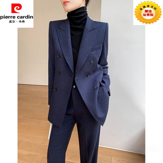 Pierre Cardin casual suit for women in autumn and winter, professional temperament, goddess style wide leg pants, woolen suit for small people, navy top + pants, wide leg pants, autumn and winter S