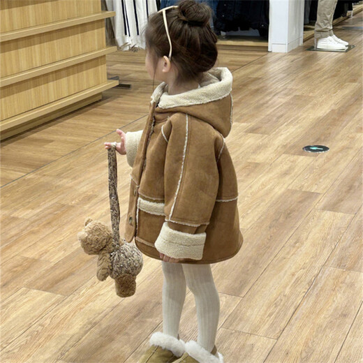 Disney children's fleece coat winter style for boys and girls baby suede thickened fur all-in-one coat little girl winter coat khaki 90 cm