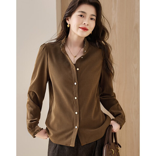 Demana Cheese Brushed Winter Warm Slim Shirt Commuting Stand Collar Lace Decoration Puff Sleeve Shirt Women's Top