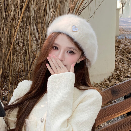 Xiaohongshu's popular love white imitation rabbit fur beret women's autumn and winter versatile beret hat painting painter hat large beige white adjustable (55-58cm) one size
