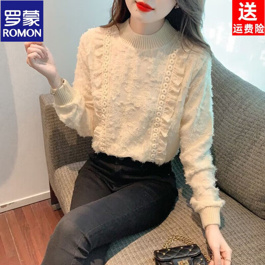 ROMON brand autumn and winter velvet thickened lace bottoming shirt for women 26 new tops autumn and winter style and fashion apricot full body velvet S 85-95Jin Jin equals 0.5 kg