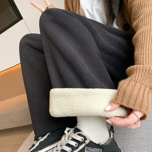 Trendy camel velvet plus velvet wide-leg pants for women, high-waisted, loose, casual, straight-leg trousers, drapey, thickened, warm cotton trousers, dark blue L