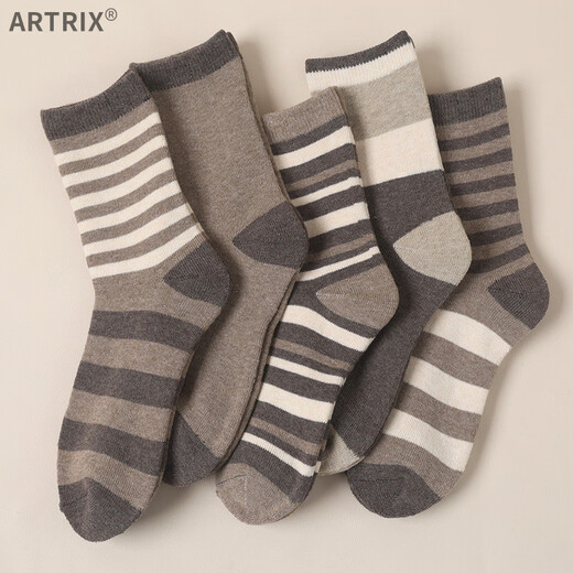 Brown terry women's autumn and winter socks for women, mid-length warm mid-length adult plus velvet thickened winter towel, brown strips, one size fits all, 10 pairs (women's size 3540)