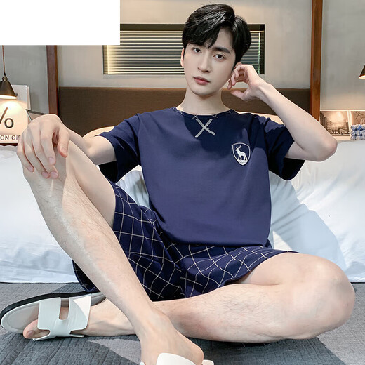 夏典素订女王（SE.PSTP）睡衣男士夏季短袖短裤棉质青少年简约男夏背心大码中年家居服套装 9922 2XL 男士（适合140-160斤）