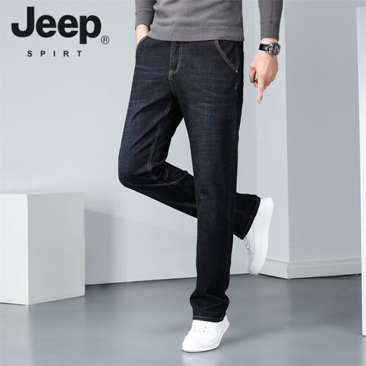 JEEP SPIRIT2026 Spring and Autumn New Loose Straight High Elastic Jeans Men's Youth Long Pants Plus Size Men's Trend Black 29 (2 feet 2)
