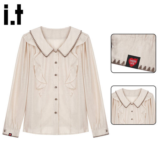 CHOCOOLATE it women's apricot color versatile sweet style casual 2026 long-sleeved shirt for women American niche lapel bottoming shirt for women apricot color official authentic S