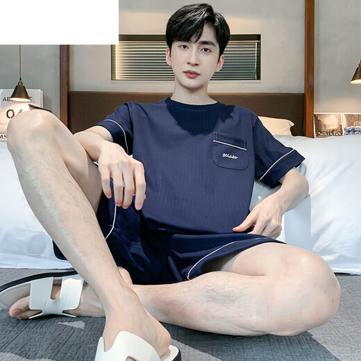 夏典素订女王（SE.PSTP）睡衣男士夏季短袖短裤棉质青少年简约男夏背心大码中年家居服套装 9922 2XL 男士（适合140-160斤）