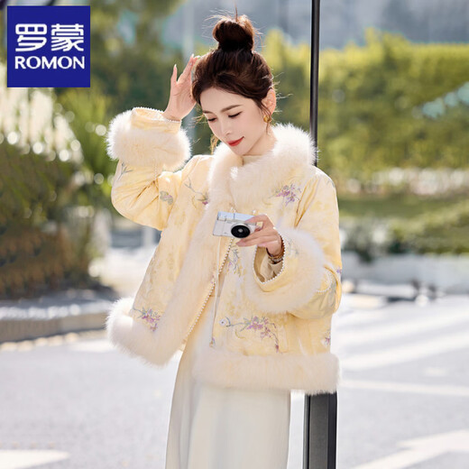 ROMON new Chinese style high-end light luxury fox fur splicing down jacket for women 2026 winter new style rich lady white duck down jacket beauty pink S