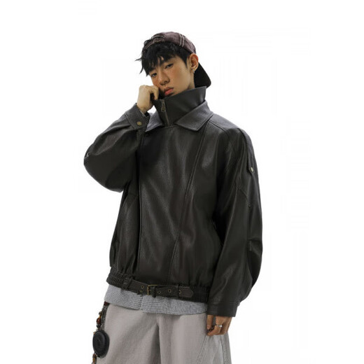 Double-layer collar plus velvet design stand-up collar motorcycle jacket men's American retro Maillard PU leather jacket black plus velvet 4XL recommended (180-195Jin Jin equals 0.5 kg)