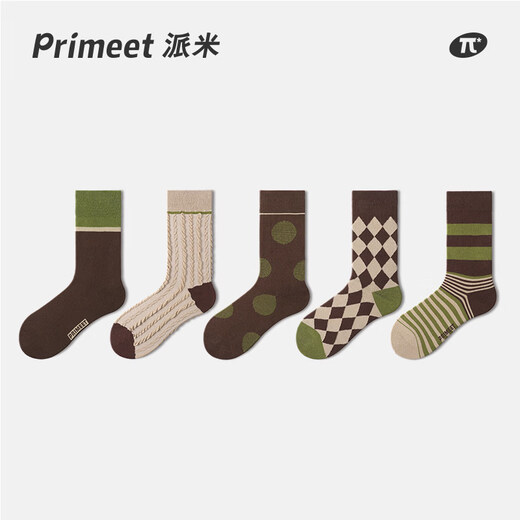 Pami (pami) brown socks for women spring and autumn 2025 new retro style Maillard rhombus mid-calf socks autumn and winter long stockings retro mid-calf socks group A_suitable for (36-39 sizes) one-size-fits-all five pairs