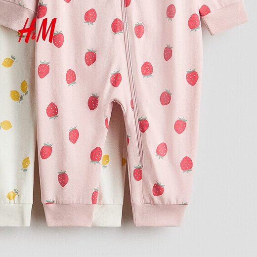 H&M children's clothing baby girl jumpsuit romper 2-piece 2026 spring new cotton one-piece pajamas 1085413 light pink/strawberry 100cm 100/56 (2-3Y)