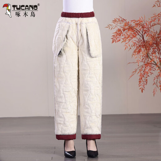 Woodpecker cotton pants for the elderly, women's velvet thickening, warm pants for outerwear, solid color grandma casual pants, elastic waist, winter, black 3XL recommended 120-135Jin Jin equals 0.5kg
