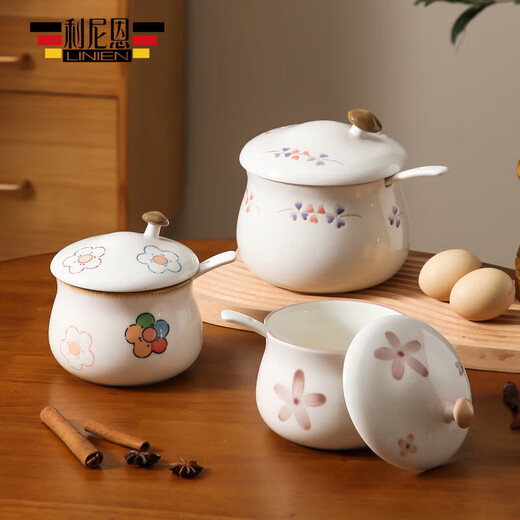 High temperature resistant lard jar jar ceramic kitchen seasoning bottle household salt jar oil spicy jar large capacity hand-painted lard jar large colorful flower 1050ml