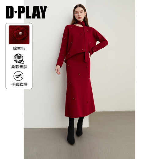 DPLAY2025 Autumn New Red Sweater Suit Women's New Year's Style Wool Knitted Sweater Skirt Anchor Red-Skirt S