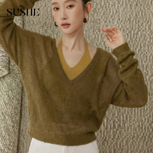 SUSHE double rhyme wool large V-neck bat-sleeve sweater/100 Tencel halterneck camisole suit Biluochun green-sweater S