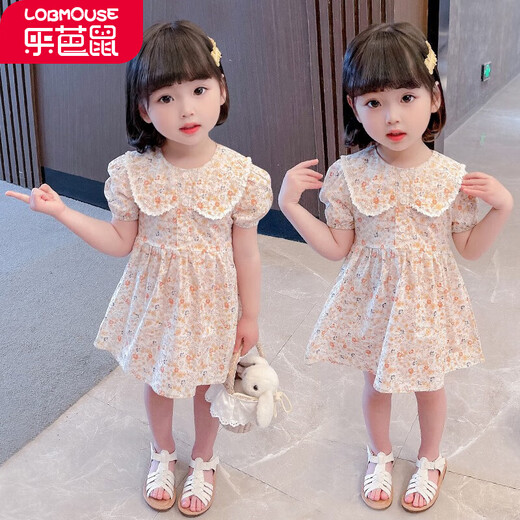 乐芭鼠童装女童连衣裙女宝宝衣服夏季甜美可爱碎花裙小孩裙子公主裙娃娃领洋气时髦薄款中小童 桔色 100码建议2-3岁 ( 90-100cm )