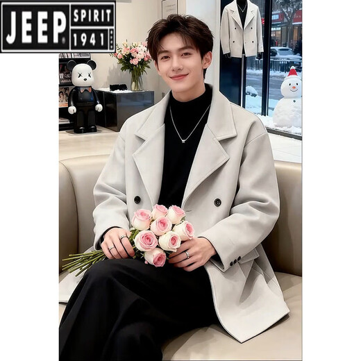 JEEP SPIRIT Korean style short woolen coat men's winter style cotton thickened coat British style woolen suit jacket black L 120-135Jin Jin equals 0.5 kg