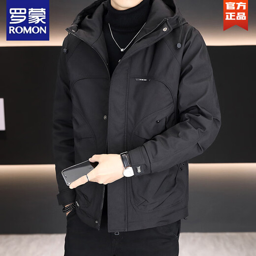 ROMON men's second-cotton jacket autumn and winter casual and versatile 2025 new youth hooded high-end thickened jacket high-end trend black L