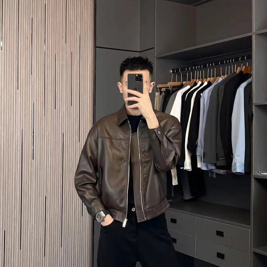STRONG-WILLED light mature 25 autumn and winter fashion short leather jacket men's motorcycle ins handsome jacket casual zipper leather jacket coffee color M suitable for 125-145Jin Jin is equal to 0.5 kg