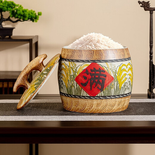 GUIG Jingdezhen Ceramic Rice Cylinder Bucket Jar 10/20 Jin Jin equals 0.5 kg Flour storage jar household sealed insect-proof and moisture-proof housewarming retro 50/Jin Jin equals 0.5 kg Ceramic/Rice Cylinder Wheat Full Character_ + Seal Ring