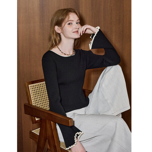 KUHNMARVIN French Retro Contrast Bell Sleeve Sweater Women's 2026 Early Spring New Right Shoulder Slim Sweater K32992 Black S