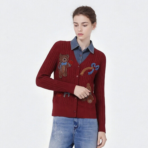 TCH knitted cardigan for women 26 years early spring fashion hot diamond retro red fake two-piece splicing denim design sweater burgundy L