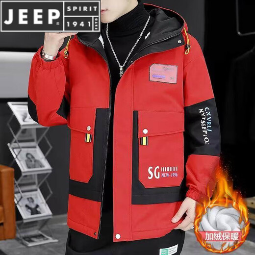 JEEP SPIRIT autumn and winter velvet thickened hooded windbreaker jacket men's work jacket trendy versatile outer wear warm jacket leather label plus velvet black gray L recommended 100-120Jin Jin equals about 0.5 kg