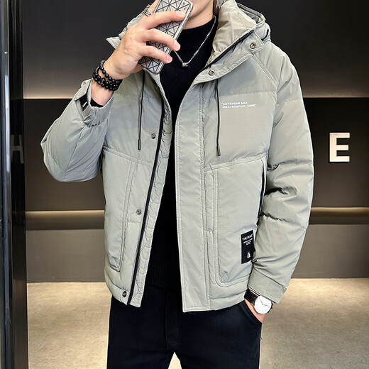 Snow Flying (SNOWFLYING) high-end winter down jacket men's hooded trendy brand 2025 new slim-fitting short handsome down top jacket Bean Gray 2XL Recommended 130-155Jin Jin equals 0.5 kg