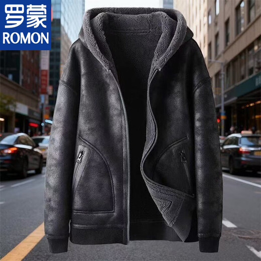 ROMON 2025 новая двусторонняя мотоциклетная куртка плюс бархатная утолщенная замшевая меховая куртка «все в одном», мужская меховая куртка коричневого + черного цвета с капюшоном 3XL 145-165Jin Jin равна 0,5 кг