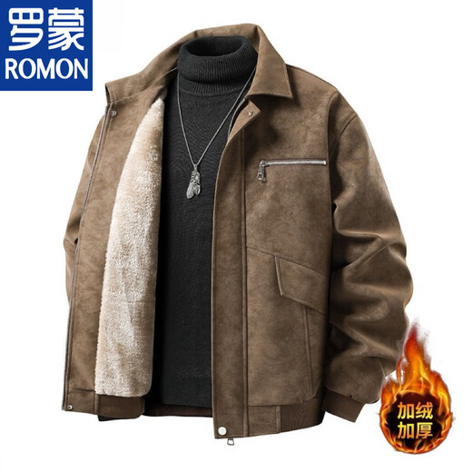 ROMON winter retro leather jacket plus velvet thickened men's American solid color warm windproof lapel loose jacket versatile coat high-end coffee color upgrade plus velvet M Recommendation 100-125 Jin Jin is equal to 0.5 kg