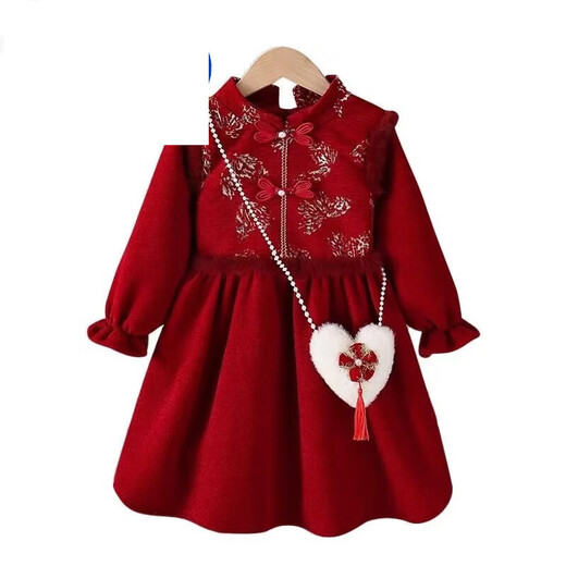 HEYDIDY girls' velvet New Year's greeting dress skirt 2025 autumn and winter new thickened baby festive children's Chinese style dress red national style dress (without bag) 120 cm