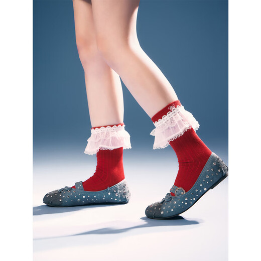 CHUU Lace Mid-calf Socks Women's 2026 Spring New Angora Red Letter Embroidered Knitted Socks Retro Red