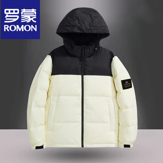 罗蒙（ROMON）国标50绒羽绒服男白鸭绒连帽羽绒服夹克休闲外套潮流商务休闲外套 米白色 L