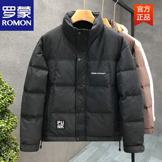 罗蒙（ROMON）高端磨砂面咖色羽绒服男款潮牌加厚保暖外套2026冬季新款男士上衣 黑色 3XL