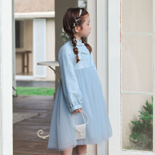 Huatian Cai's new Chinese style girls' autumn dress spring and autumn girls' jacquard mesh skirt medium and large children's fashionable autumn princess dress